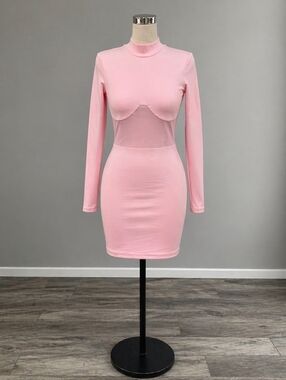 Women's Pink Long-Sleeve Mini Dress with Sheer Panel